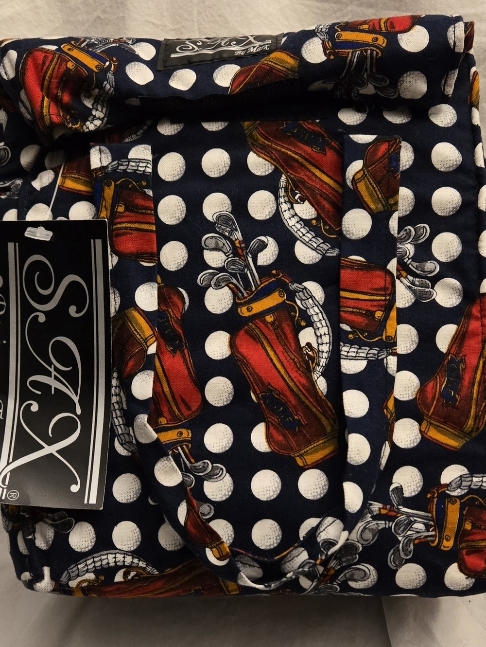 Sax Navy Polka Dot Tote with Red and Yellow Golf Bag Print